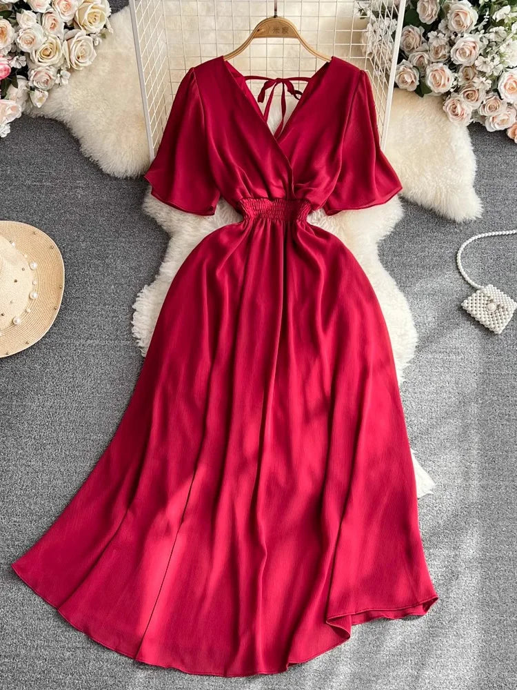 Summer Vintage Women Long Dress Elegant V-Neck Short Sleeve High Waist A-Line Bandage Maxi Robe Vacation Beach Vestidos 2025 New