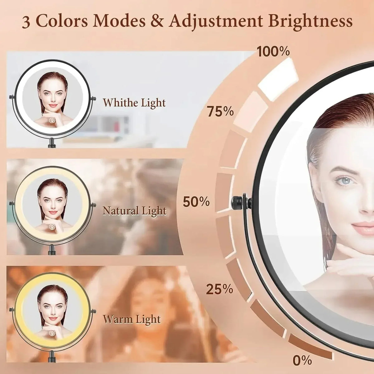 LED Vanity Mirror 3 Colors LED With Adjustable Height Standing 8 Inch 10X Magnification Double-Sided Makeup Mirror