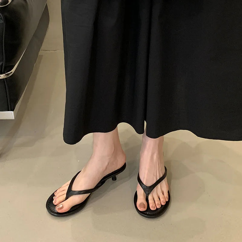 Fashion Round Toe Women Thin Heels Slippers Slides Female Flip Flops Sandals Spring Summer Ladies Heeled Slippers Shoes Pumps