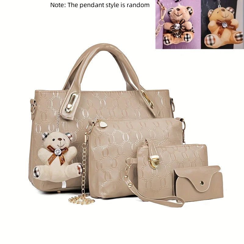 Fashion Embossed 4Pcs Women Handbag Set PU Tote Shoulder Bag Wallet Purse With Bear Pendant Daily Bags