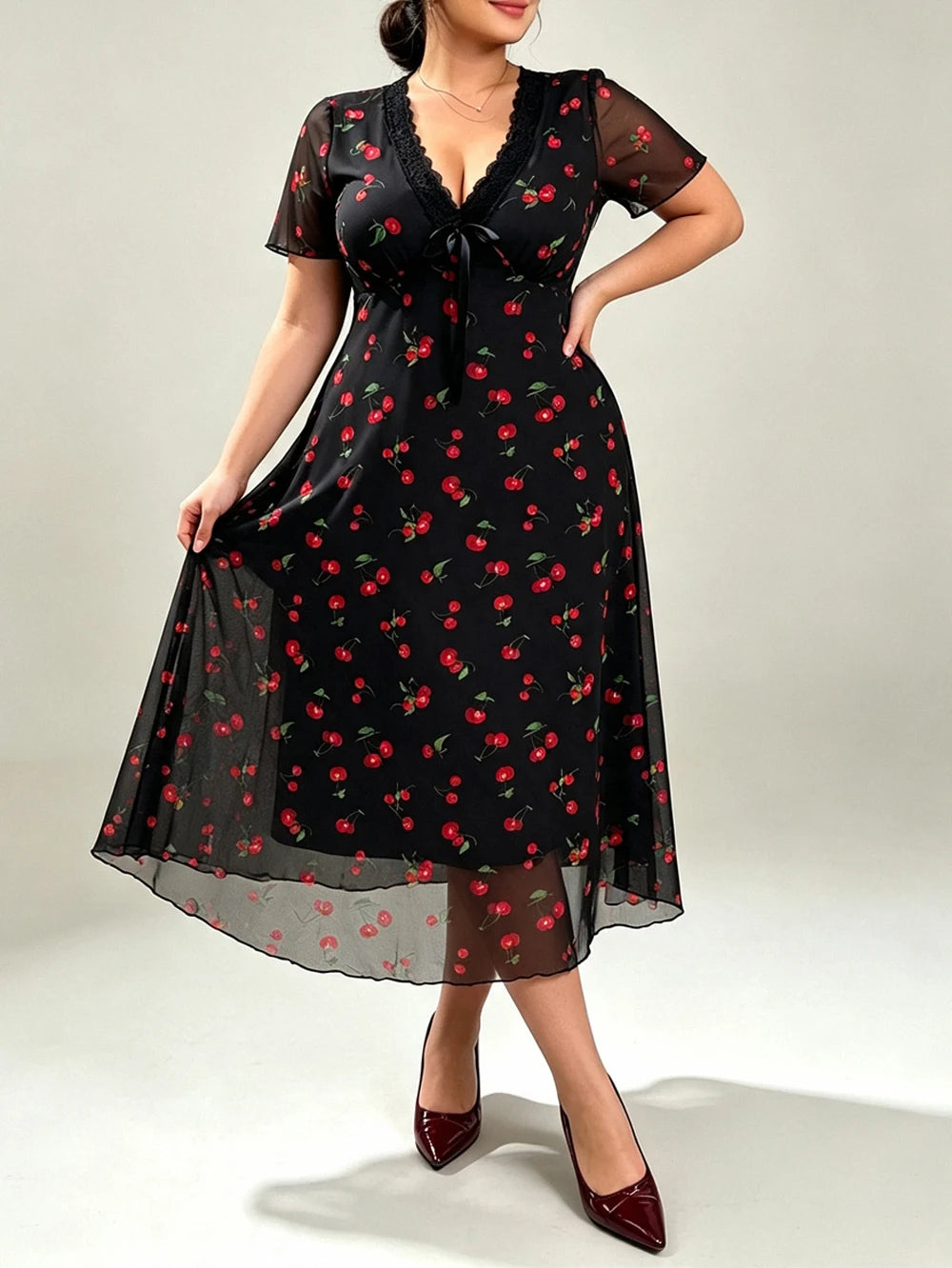 Vestido Midi Elegante De Talla Grande Con Estampado De Cerezas Y Ribete De Encaje, Adecuado Para Ir Al Trabajo