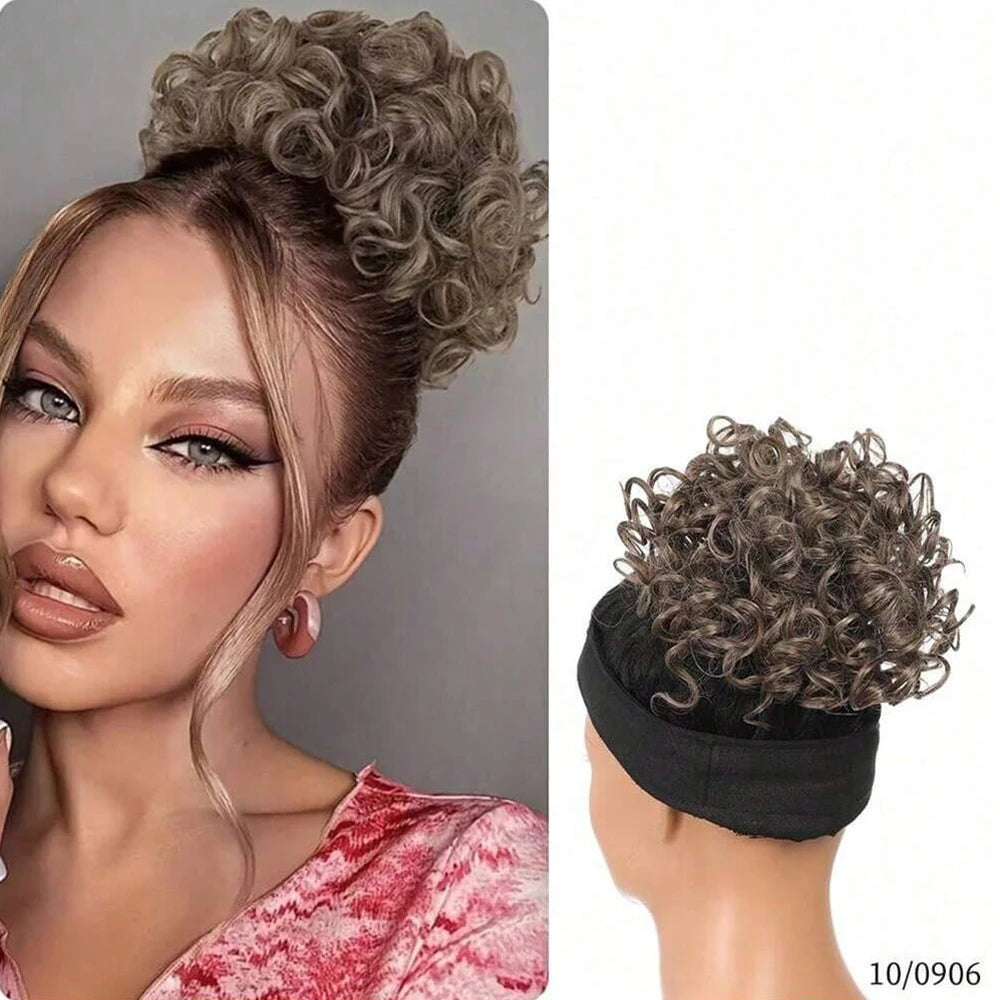 Messy Curly Hair Bun Scrunchies Extensions Synthetic Drawstring Ponytail Light Brown Large Thick Updo Hair Pieces For Women