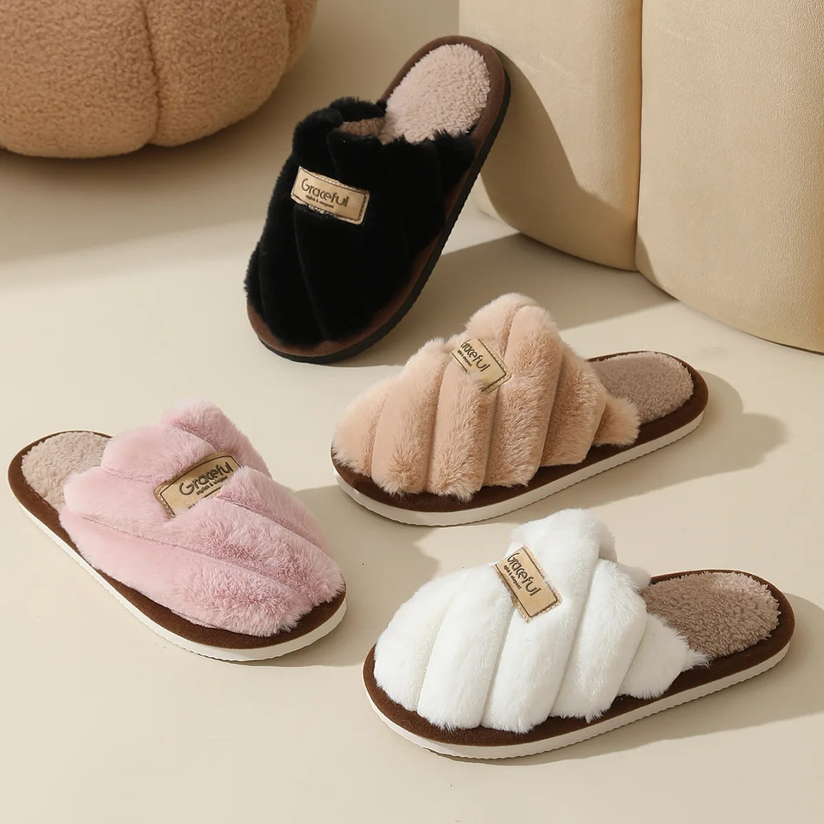 Winter Warm Plush Women Slippers Non Slip Soft Shoes Comfort Flat Heel Indoor Bedroom Couple's Slippers for Home Shoes