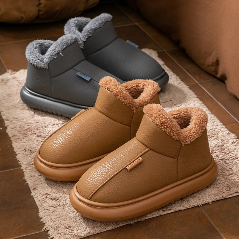 Warm Winter Snow Boots For Men Women PU Leather Waterproof House Slippers Thick Sole Fleece Lined Indoor Outdoor Couple Booties