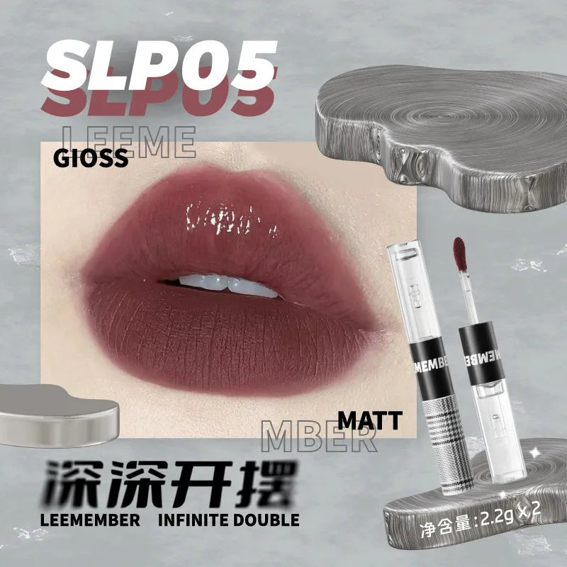 LEEMEMBER Double Head Lipstick Matte Soft Lip Mud Mirror Moisturizing Non-stick Cup Longlasting Lip Glazed Original Lip Makeup