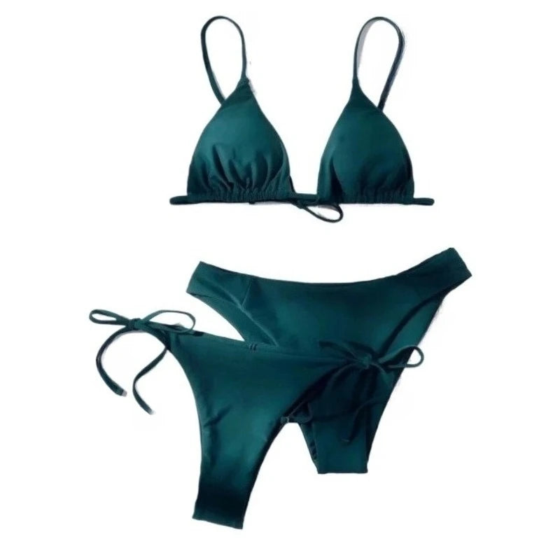 Women's Brazilian Push Up Bikini Set 3 Piece Bandage Swimsuit Two-Tone Black Green Quick-Dry Summer Beachwear Bathing Suit