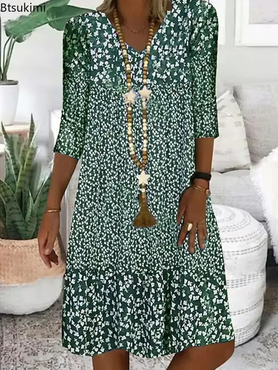 Summer Dress Women Vintage Floral Printed A-Line Dress Fashion V-neck Boho Beach Skirt Elegant Party Dress Casual Vestidos Femme