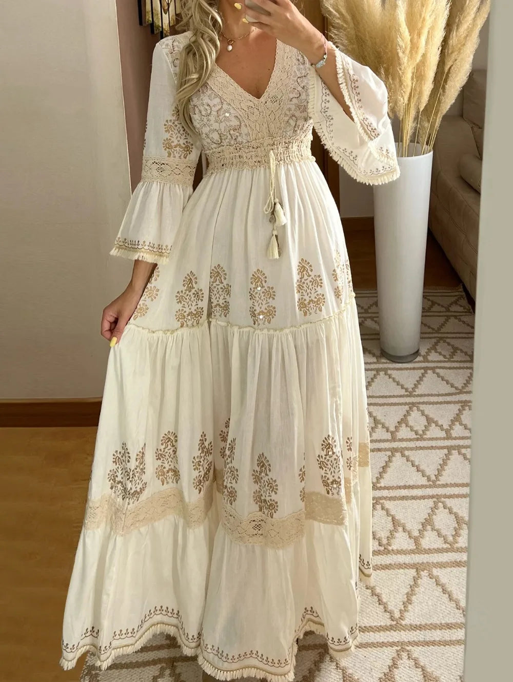 Women's Summer Boho Floral Print Long Dress Sexy V-Neck Dresses Female Beach Holiday Flowy Dress Ladies Elegant Vintage Vestidos