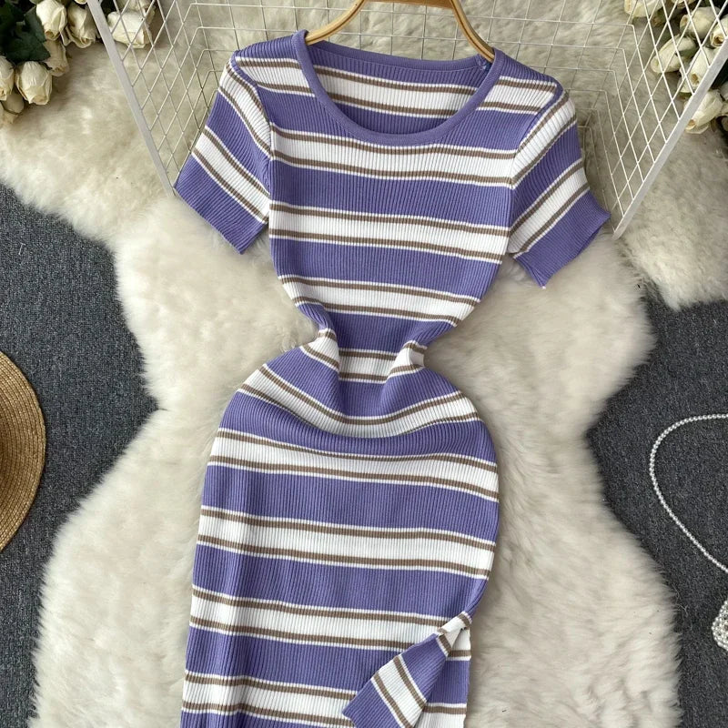 Patchwork Short Sleeve Midi Dresses High Waist Vestidos De Mujer Elastic Casual Robe Pullover Sexy Dress Bodycon Women Clothing