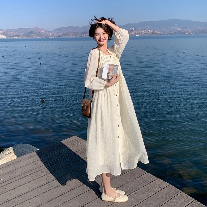 French White Dress for Women in Early Spring New Style Gentle Style Literary Retro Fairy Skirt