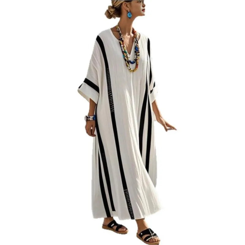Summer Vintage Contrasting Stripes Printed Loose Dresses Women New V-neck Half Sleeve Dress Casual Vacation Beach Dress Vestidos