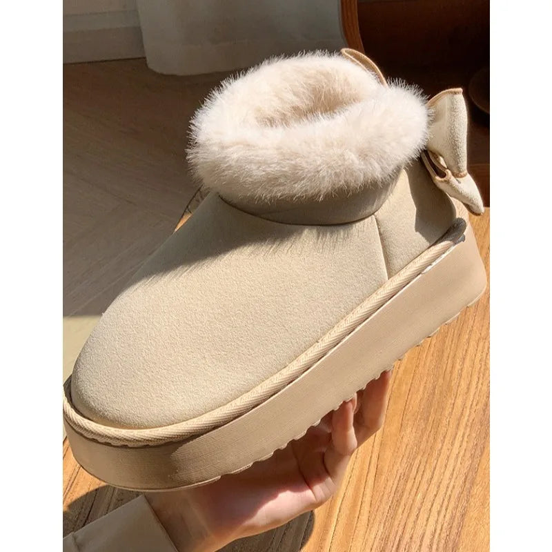 Women Platform Snow Booties Elegant Bow Ornament Furry Fur Trim Warm Plush Lining Anti‑Slip Casual Winter Ankle Boots