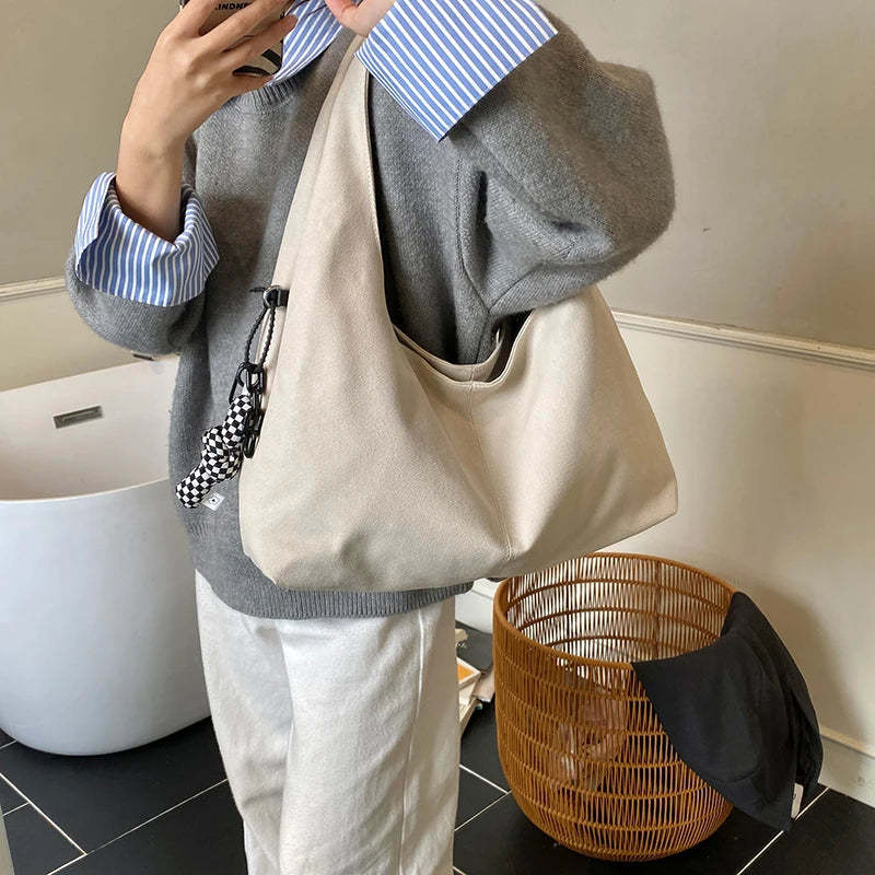 High Quality Big Tote Bags For Women Canvas Fabric Solid Color Large Capacity Underarm Shopper Shoulder Hobo Bag With Pendant