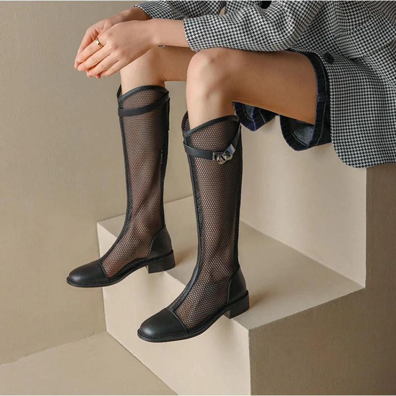 Female Summer Knee-high Mesh High Boots Women Breathable Mesh Knight Boots Thick Heel High Top Motorcycle Boots Botas Mujer
