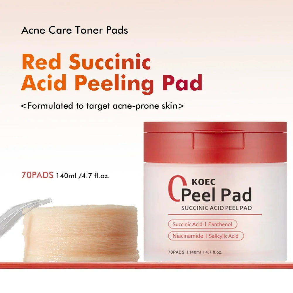 70PCs KOEC Zero Pore Succinic Acid Peel Pad Moisturizing Soothing Exfoliating Acne Care Salicylic Acid Niacinamide Panthenol