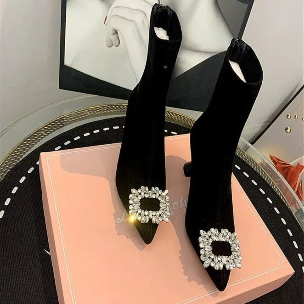 Ankle Boots Women Boots Women Shoes Woman Fashion High-heeled Pointed Flock Boots Spring Autumn Rhinestone Short Boots