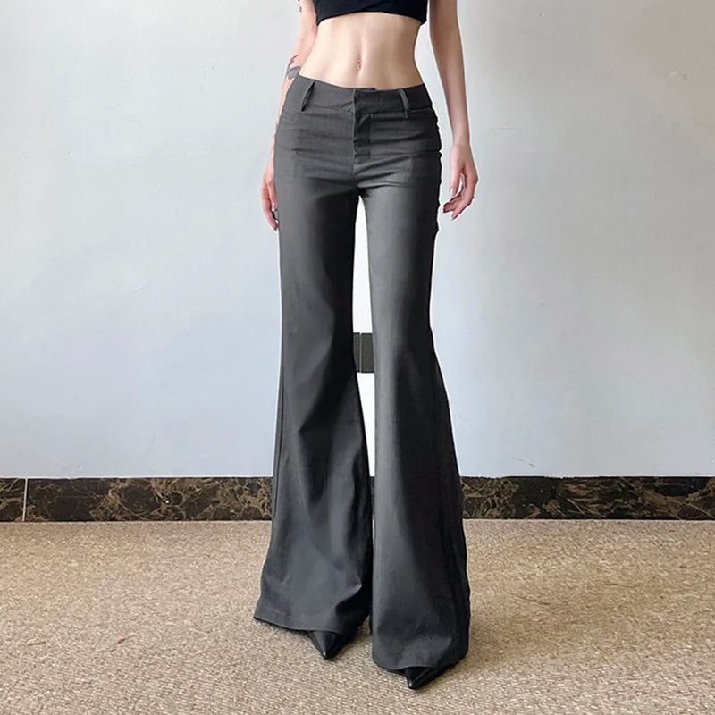 Office Ladies Basic Slim-fitting Solid Suitpants Y2K Elegant Fashion Low-Waisted Flare Pants Women 2025 Autumn Spring Trousers