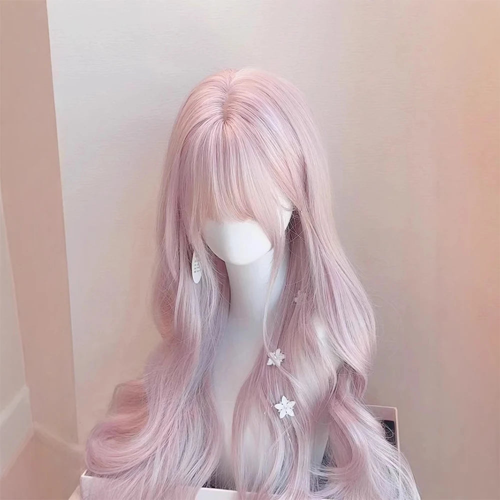 Pink Wavy Synthetic Wig with Bangs Natural Long Curly Hair Cosplay Lolita  Layered Wig for Women Daily Use Wig Heat Resistant
