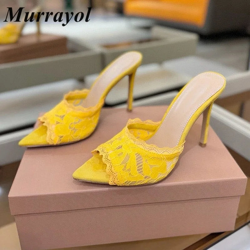 Slippers Women Mesh Gauze Pointed Toe Thin High Heels Sandals Summer Party Dress Sandalias Ladies Lace Stiletto Zapatos De Mujer