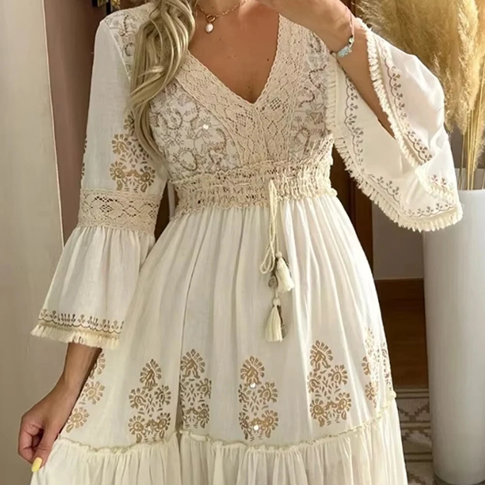 Women's Summer Boho Floral Print Long Dress Sexy V-Neck Dresses Female Beach Holiday Flowy Dress Ladies Elegant Vintage Vestidos