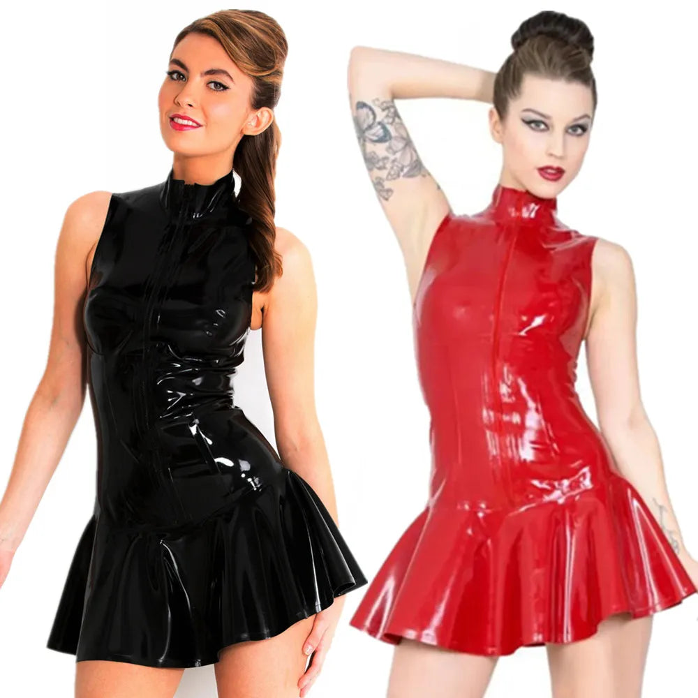 Womens Ladies Wetlook Dress Shiny Vinyl Leather Rave Costumes Zipper Sexy Clubwear Party Dresses Bodycon Mini Dress Vestido