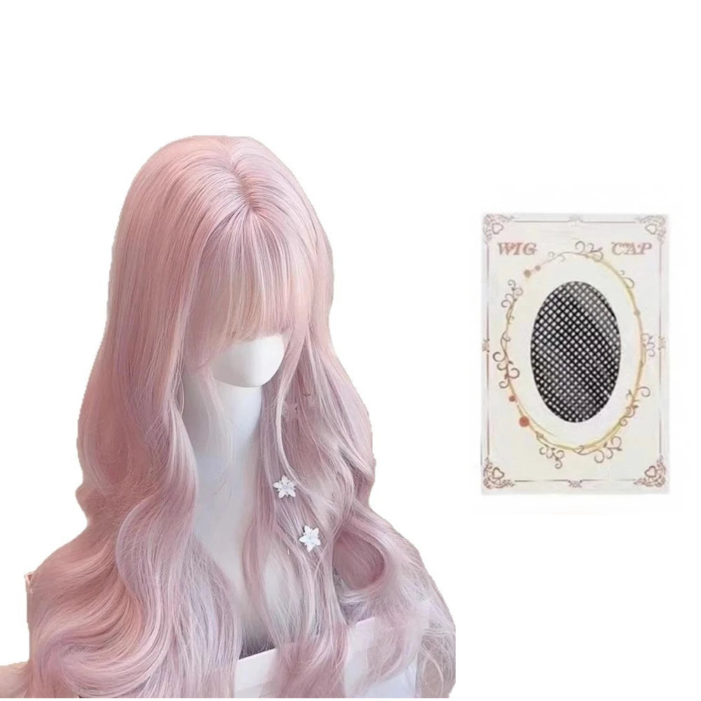 Pink Wavy Synthetic Wig with Bangs Natural Long Curly Hair Cosplay Lolita  Layered Wig for Women Daily Use Wig Heat Resistant
