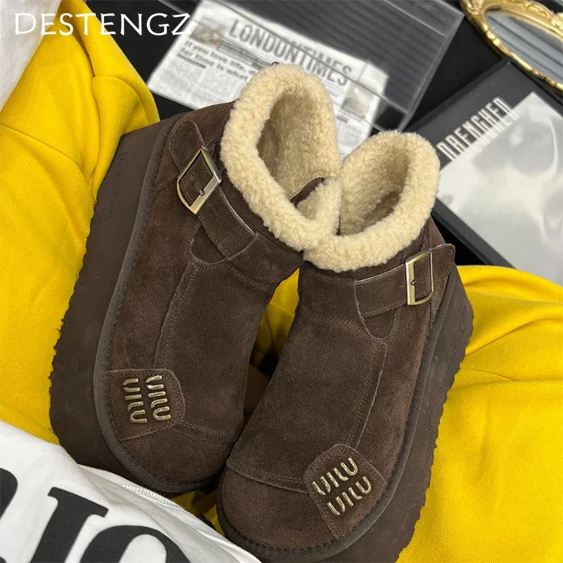 2024 New Fur Platform Women Ankle Boots Flats Suede Warm Shoes Woman Trend Designer Brand Short Plush Cozy Femme Snow Botas