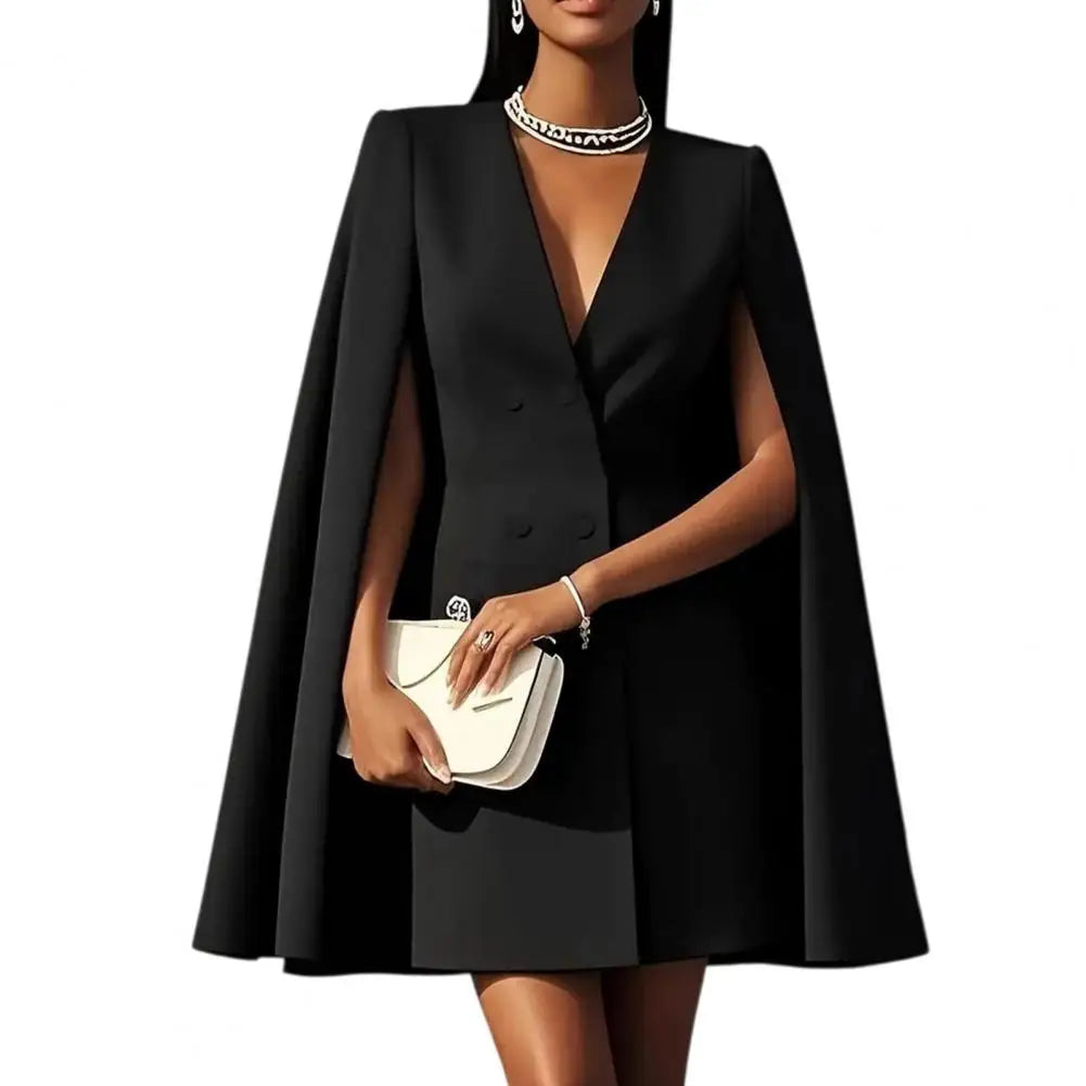 Commuting Blazer Dress for Women V Neck Cape Blazer Split Sleeve Business Mini Dress Double Breasted Office Long Skirt Dress
