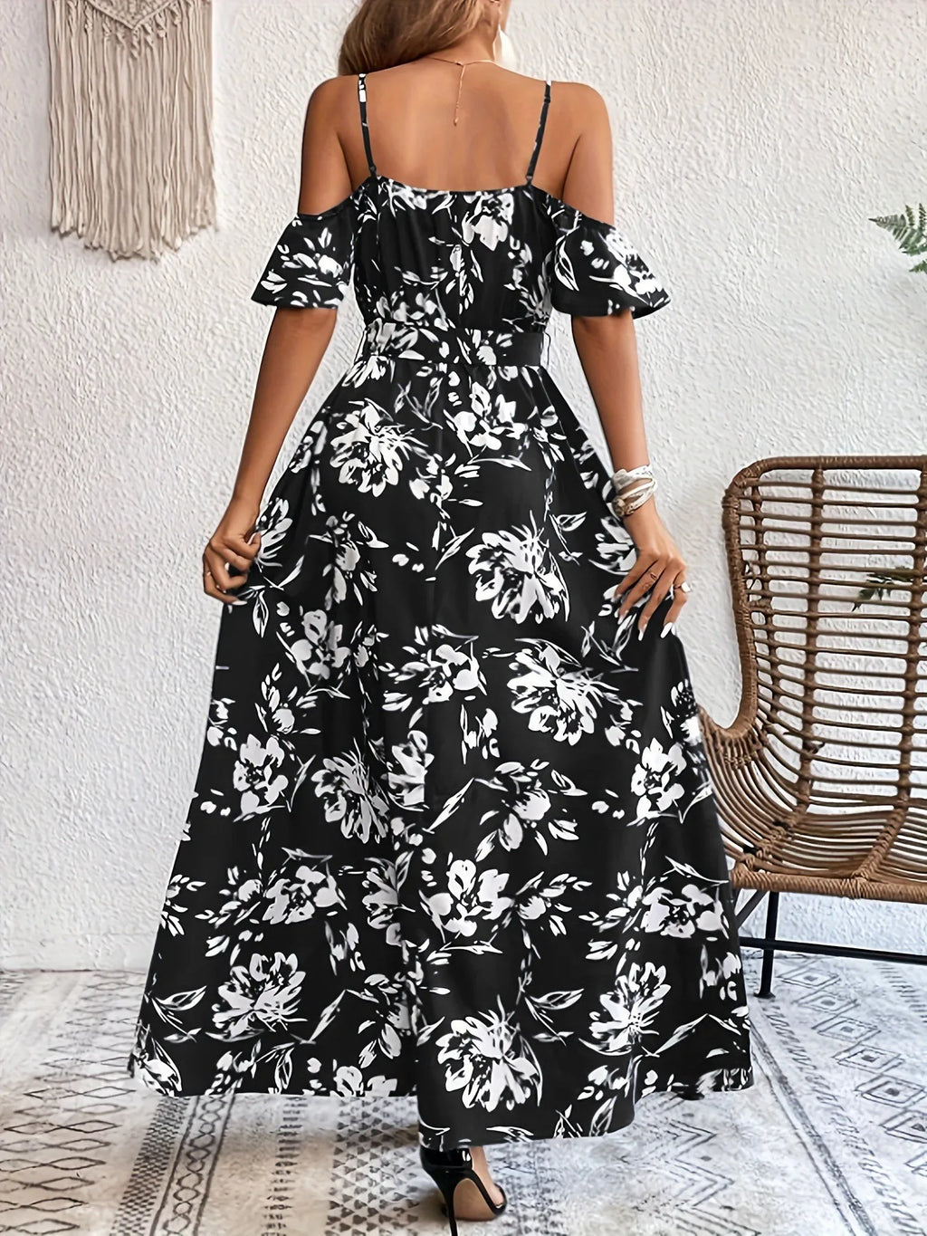 Summer Women's Clothing V Neck Floral Print Casual Wear Elegant Party Dress For Woman Polyester Maxi Slip With Elastic Waist