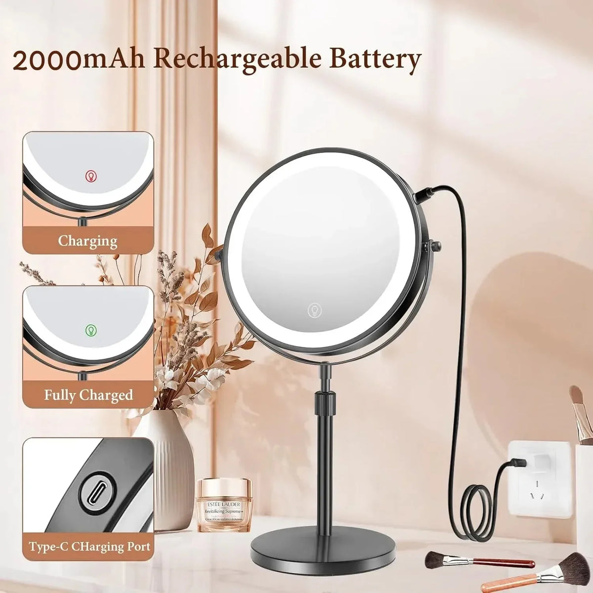 LED Vanity Mirror 3 Colors LED With Adjustable Height Standing 8 Inch 10X Magnification Double-Sided Makeup Mirror