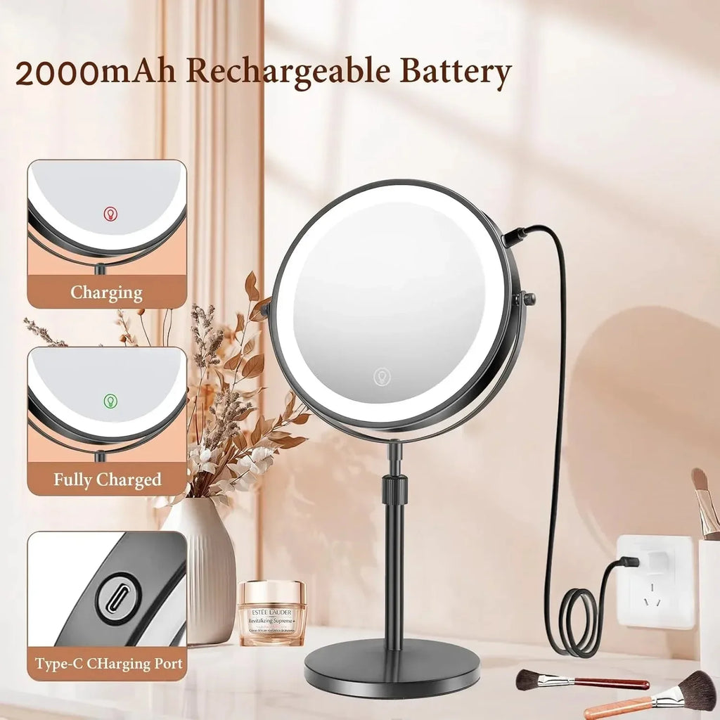 LED Vanity Mirror 3 Colors LED With Adjustable Height Standing 8 Inch 10X Magnification Double-Sided Makeup Mirror