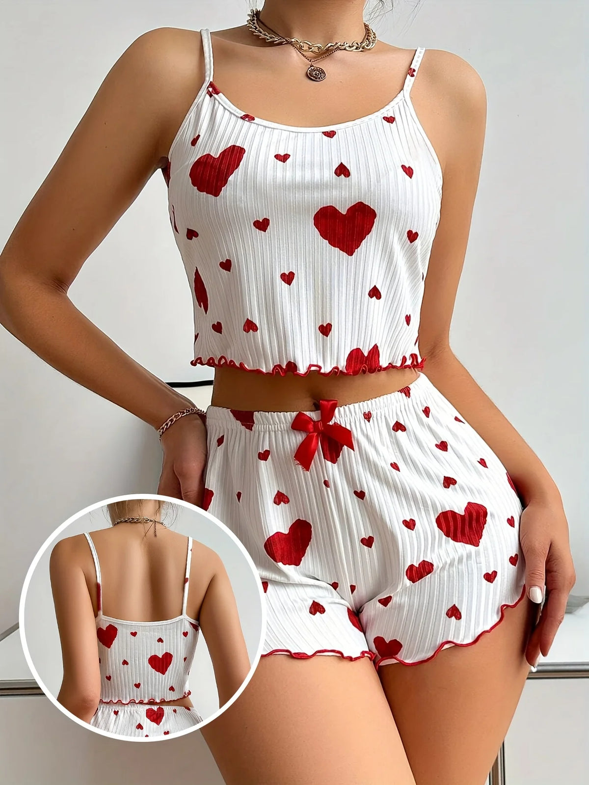 Women 2 Pieces Pajamas Set Homewear Heart Print Underwear Pijamas Sexy Lingerie Camisoles Shorts Sets Nighty Sleepwear