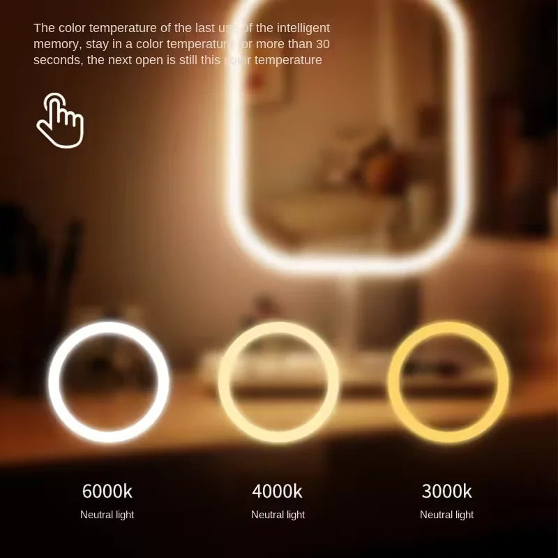 LED Makeup Mirror with 3 Colors Light Desktop Vanity Mirror Touching Mirror with Storage Base Portable