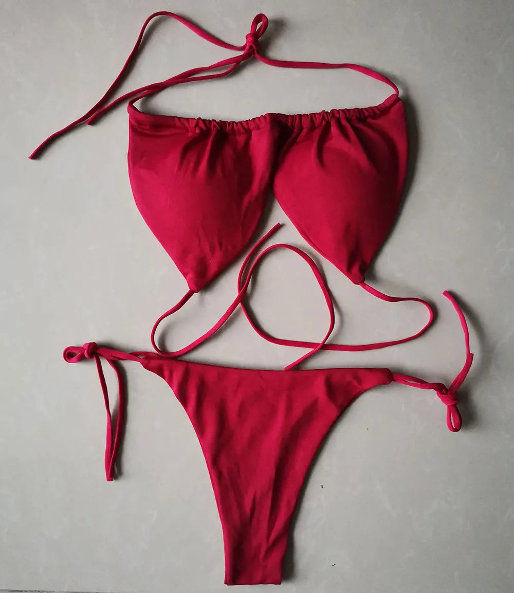 Summer Sexy Bikini set Push-up padded Bra Thong Split Swimwear Female Bandage Bathing Suit Adjustable Lacing Swimsuit Solid