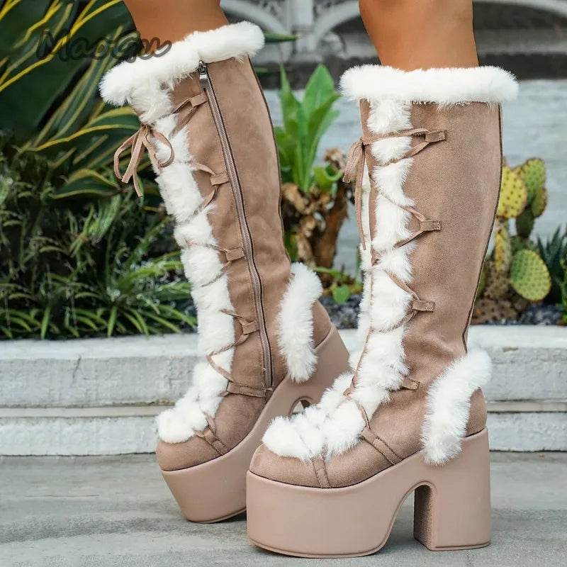 Women's Winter Snow Boots Gothic Lolita Platform High Heel Suede Shoes Plush Warm Knee High Long Boots Size 36-43 Botas Mujer