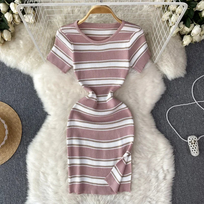 Patchwork Short Sleeve Midi Dresses High Waist Vestidos De Mujer Elastic Casual Robe Pullover Sexy Dress Bodycon Women Clothing