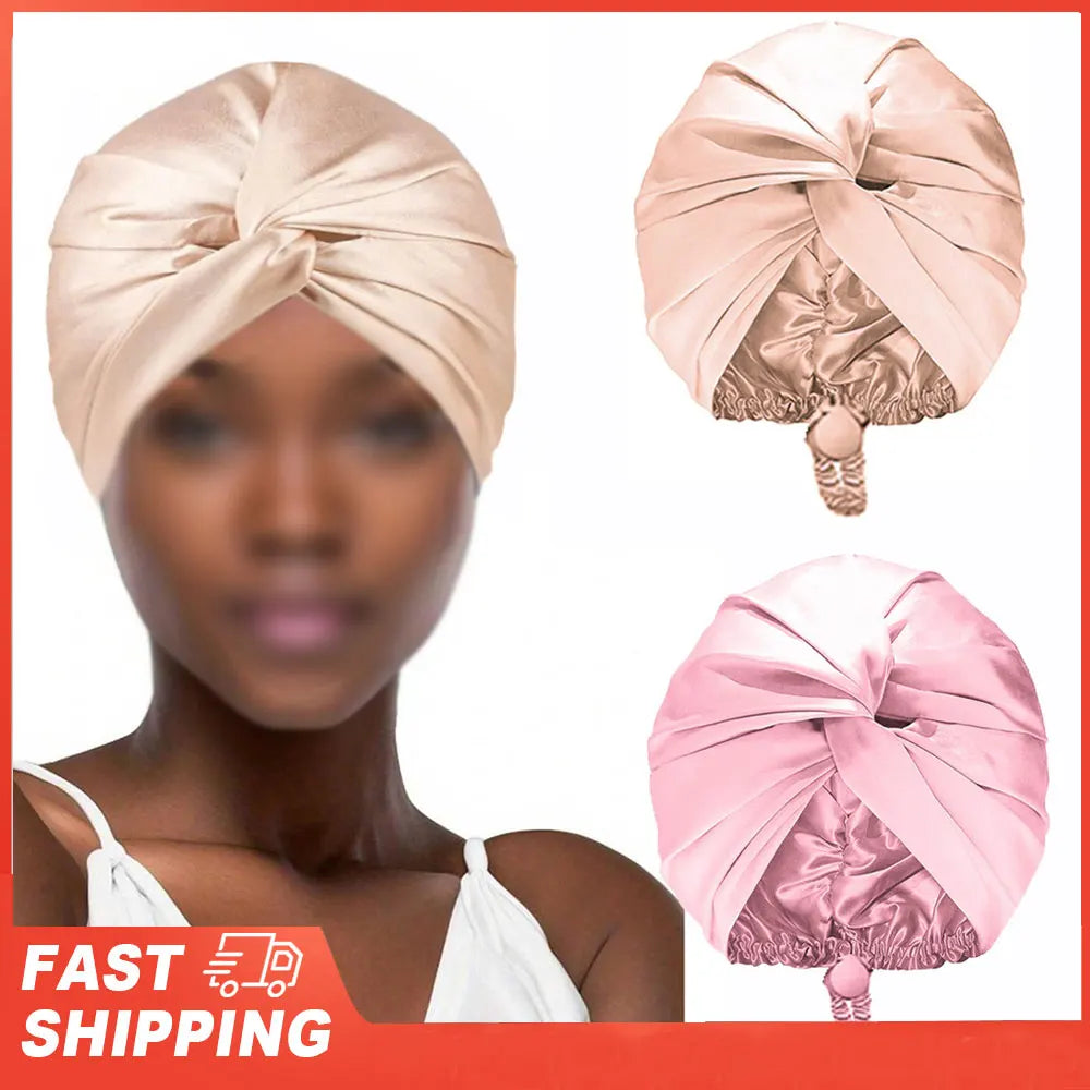 Satin Silk Bonnet for Sleeping Double Layer Turban Sleep Cap for Women Adjustable Hair Wrap for Curly Straight Hair