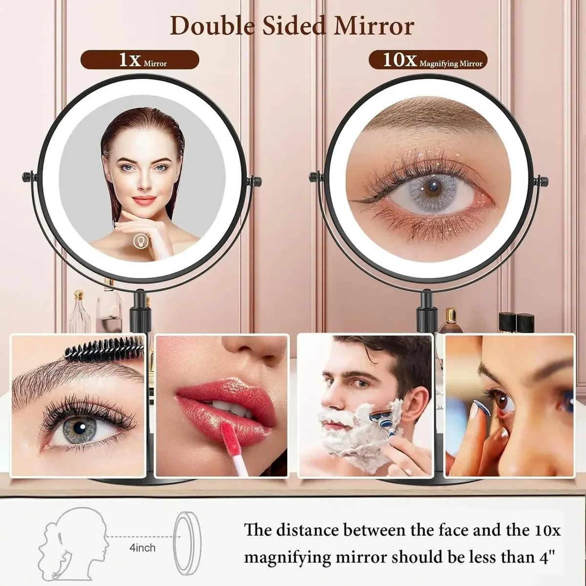 LED Vanity Mirror 3 Colors LED With Adjustable Height Standing 8 Inch 10X Magnification Double-Sided Makeup Mirror