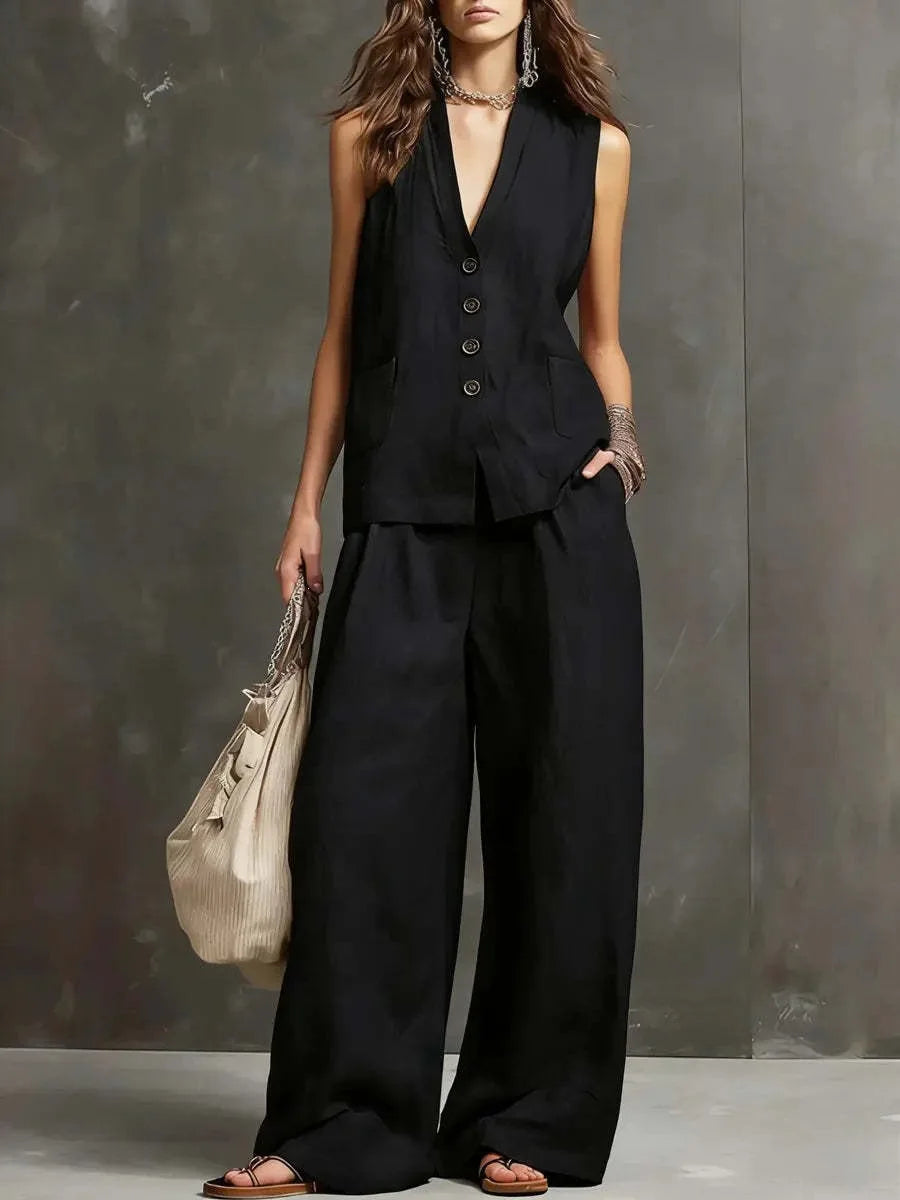 Women's Fashion Solid Linen Cotton Casual Two Piece Sets Summer V-neck Single-breasted Vest Top And Wide-leg Trousers Outfits