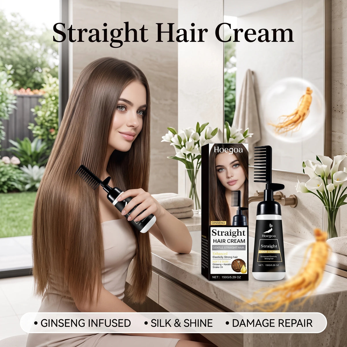 Straight Hair Cream Built-In Comb One Step Hair Straightening Cream Smooth Frizzy Curly Hair Ginseng Keratin Straightening Hair