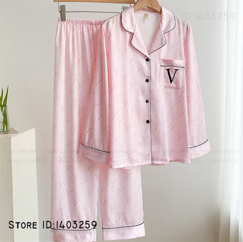 New Women Pijamas Silky Satin 2PCS Pajamas Set Sleepwear Spring Autumn Trouser Lounge Wear Loose Casual Female Homewear Lingerie