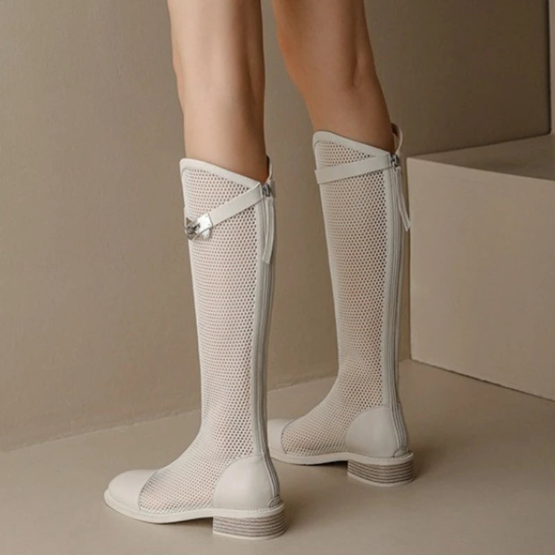 Female Summer Knee-high Mesh High Boots Women Breathable Mesh Knight Boots Thick Heel High Top Motorcycle Boots Botas Mujer