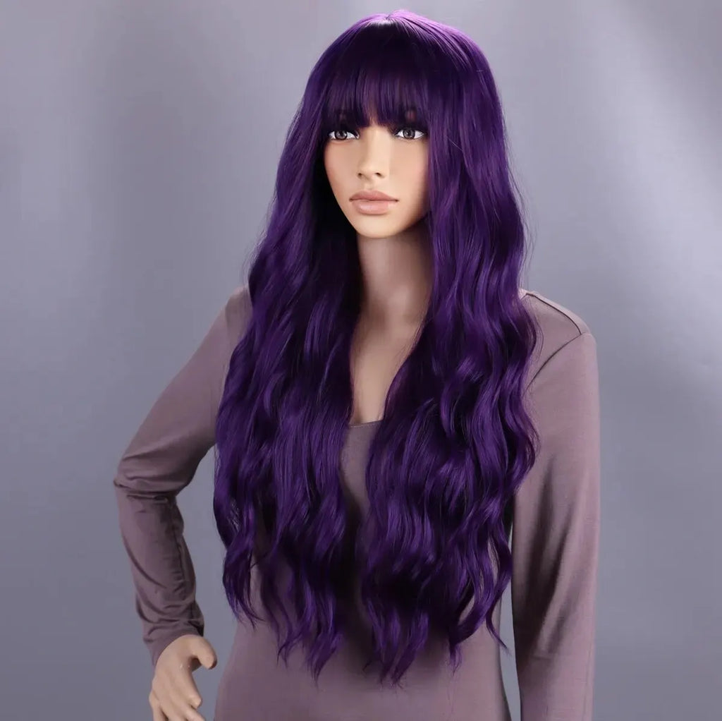 Long Purple Wig for Women 28" Long Lavender Purple Wig With Bangs Curly Wavy Natural Cute Soft Wig for Costume Braids Anime