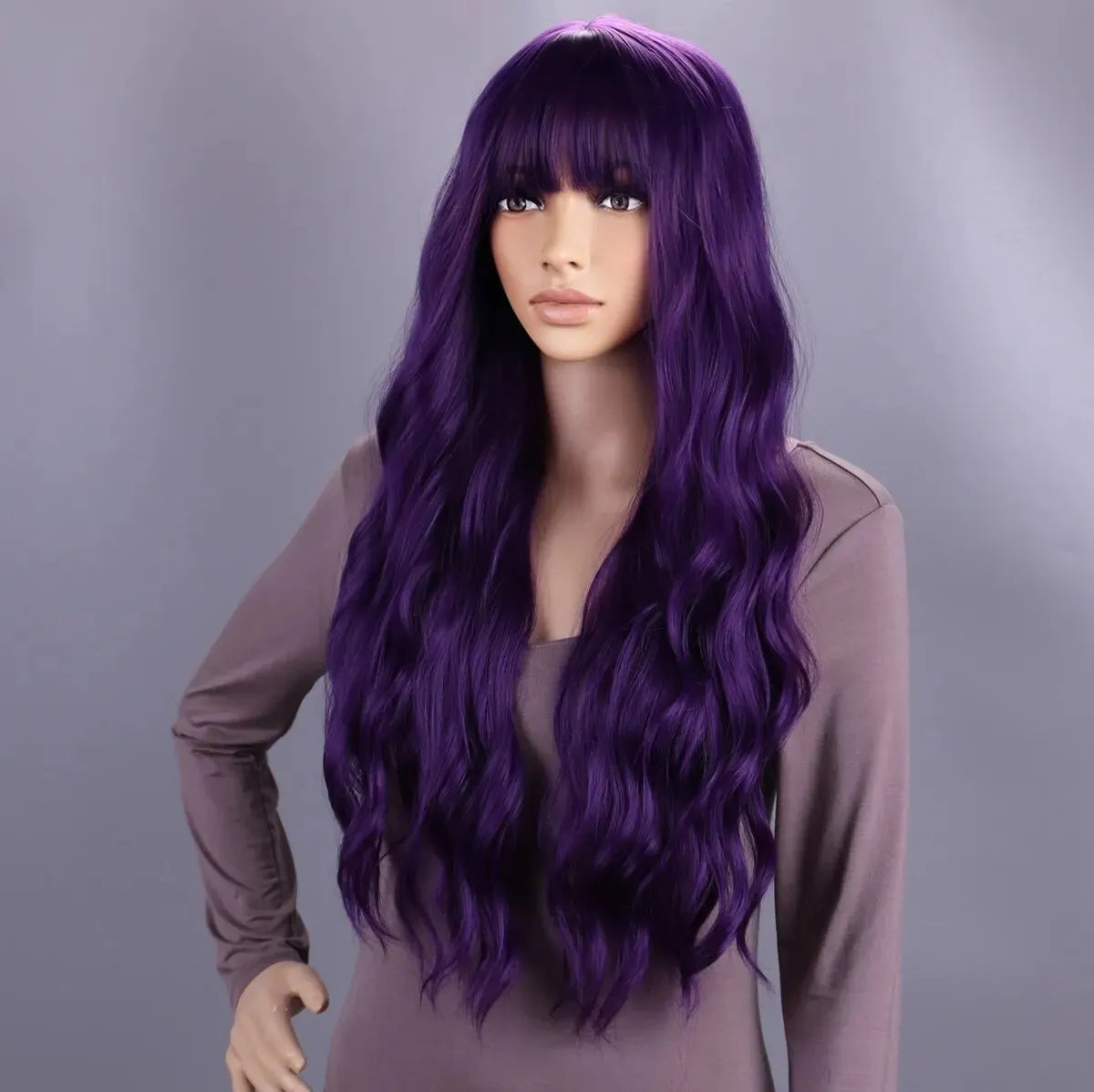 Long Purple Wig for Women 28" Long Lavender Purple Wig With Bangs Curly Wavy Natural Cute Soft Wig for Costume Braids Anime