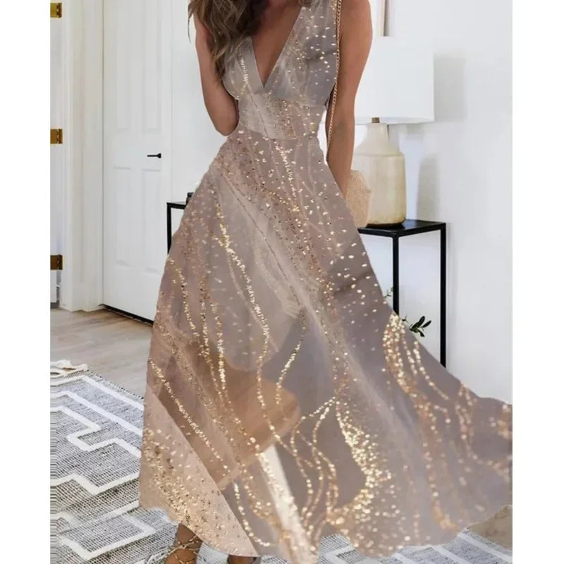 Summer Women Dress Fashion Sexy V-Neck Sleeveless Higt Waist Long Dresses Elegant Office Printing Holiday Party Dress Vestidos