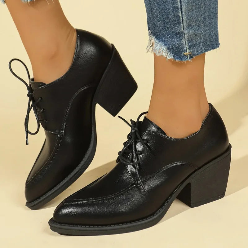 Coarse Heel Shoes Spring New Pointed Head Deep Mouth Front Lacing Set Foot Anti-slip Wear-resistant Heel Shoes