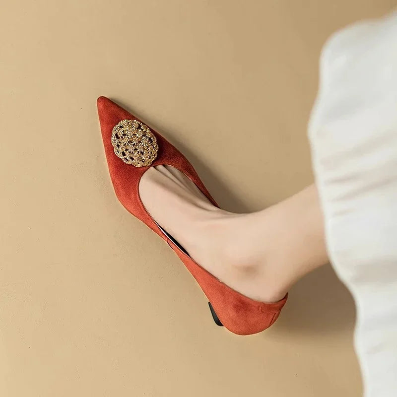 French Black Med Heels Women's Shoe Comfortable Office & Career Shoes Soft Leather Suede Pointed Shallow Shoes Pumps Zapatos