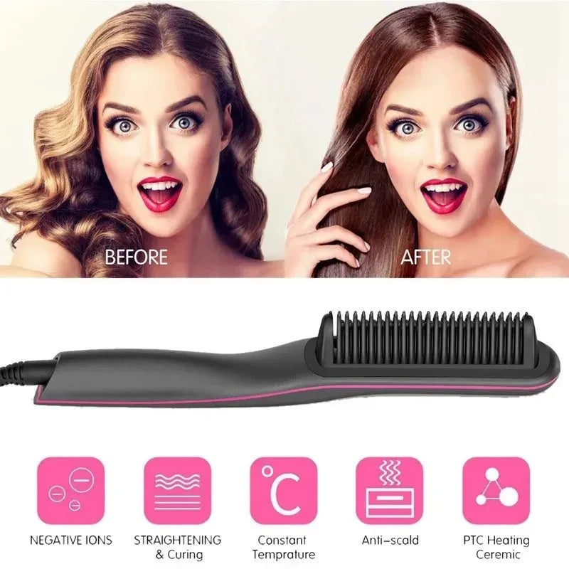 Multifunctional Hair Straightener Brush Negative Ion Anti-Scalding Styling Tool Fast Heating Straightening Brush Hot Comb
