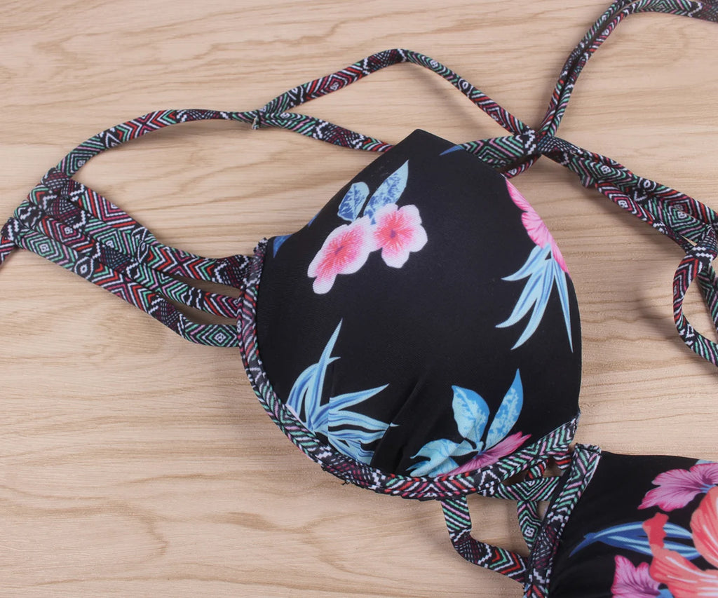 Sexy Bikini Swimsuit Women Lettuce Floral Bathing Suit Swimwear Push Up Padded Beach Wear Swimming Suit Bikini