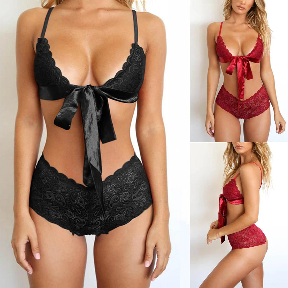 Langerie Sexy Lingerie Porno Suit Woman Lace Embroidery Underwear Women Bow Tie Push Up Bra Briefs Outfit lenceria sensual mujer